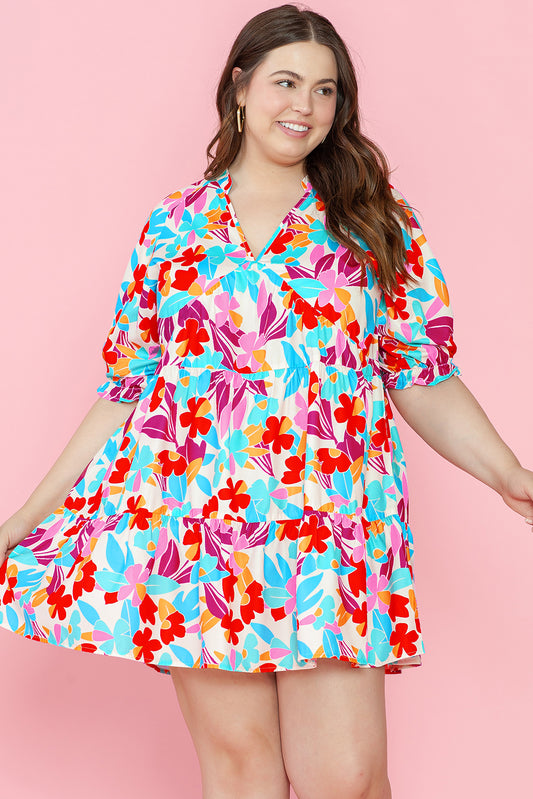 Robe grande taille fleurie multicolore à col en V et volants