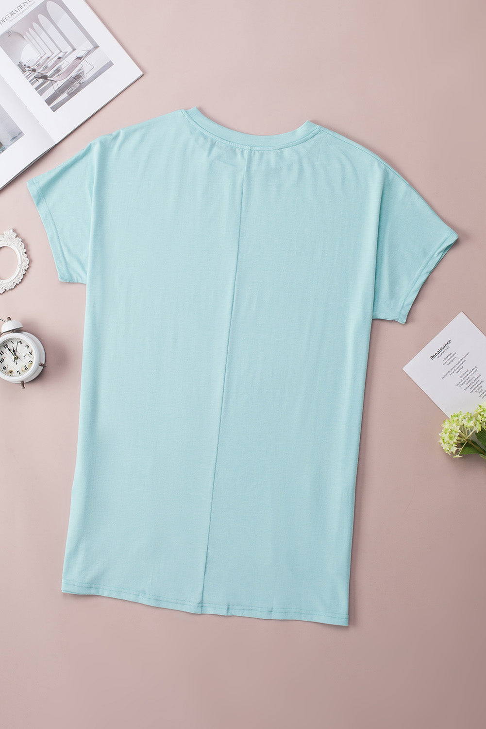 Light Blue Side Pockets Short Sleeve Tunic Top