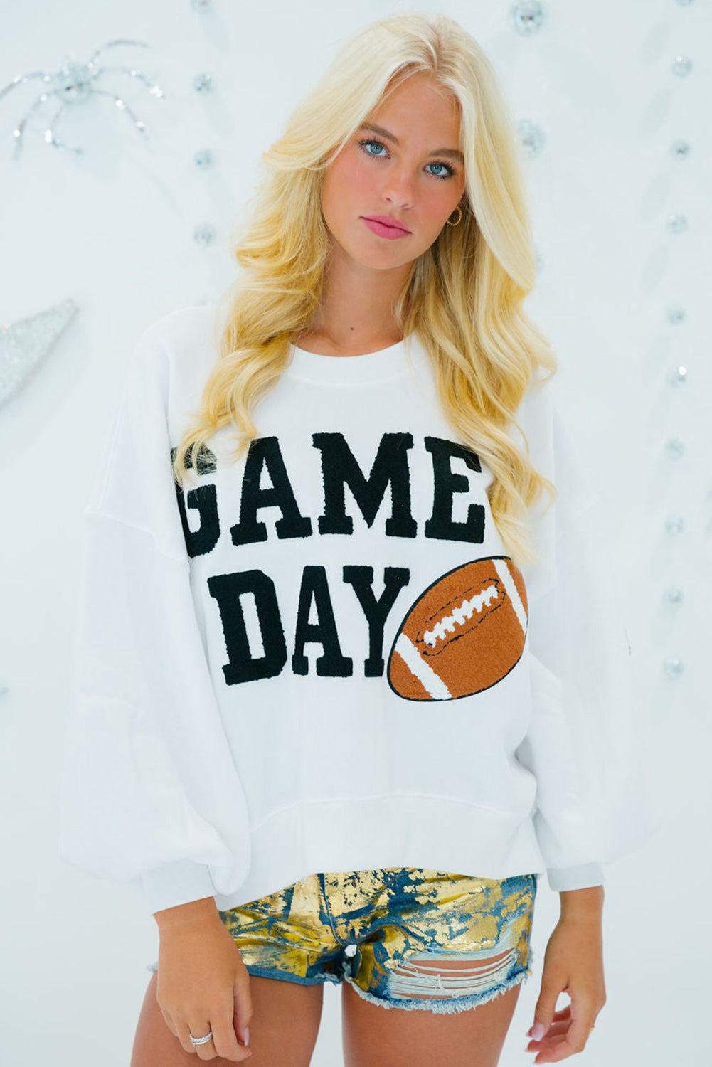 White Game Day Graphic Varsity Pullover Felpa