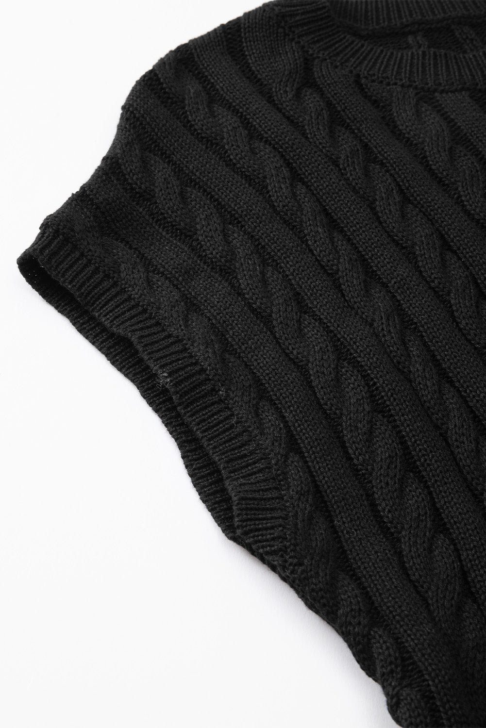 Black Crew Neck Cable Knit Short Sleeve Sweater