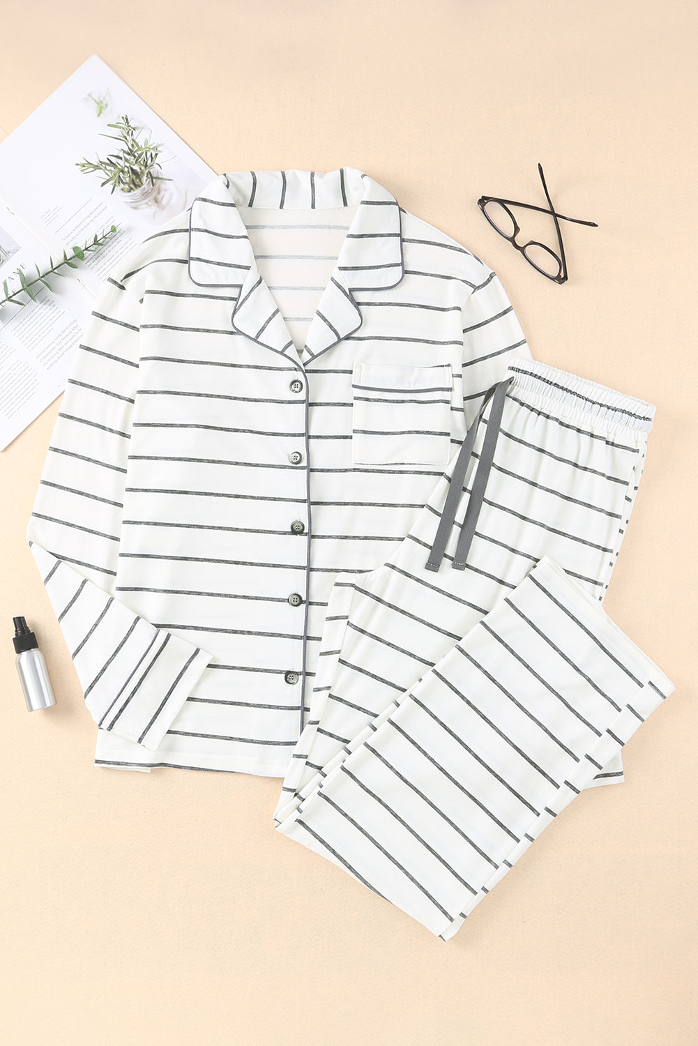 Striped Print Long Sleeve und Hosen -Pyjama -Set