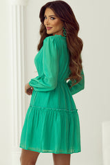 Straight ruffled mini dress with v-neck, puff sleeves, drawstring, sea green