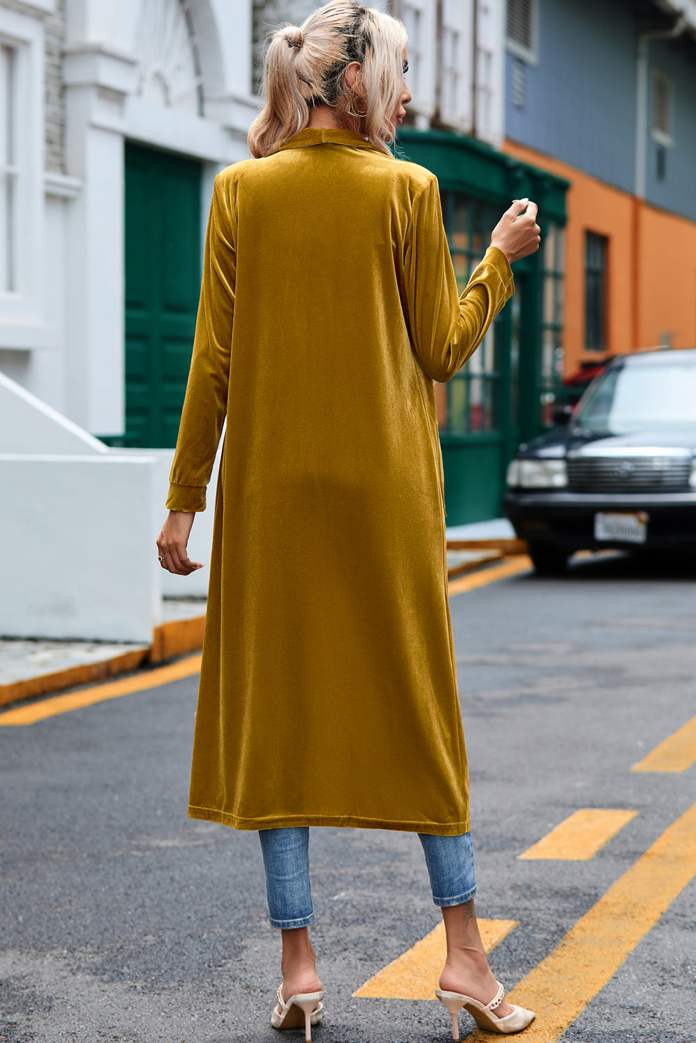 Velvet Amarillo Abierto delantero de bolsillo largo de bolsillo