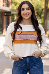 White top with drooping sleeve in patchwork knit *
