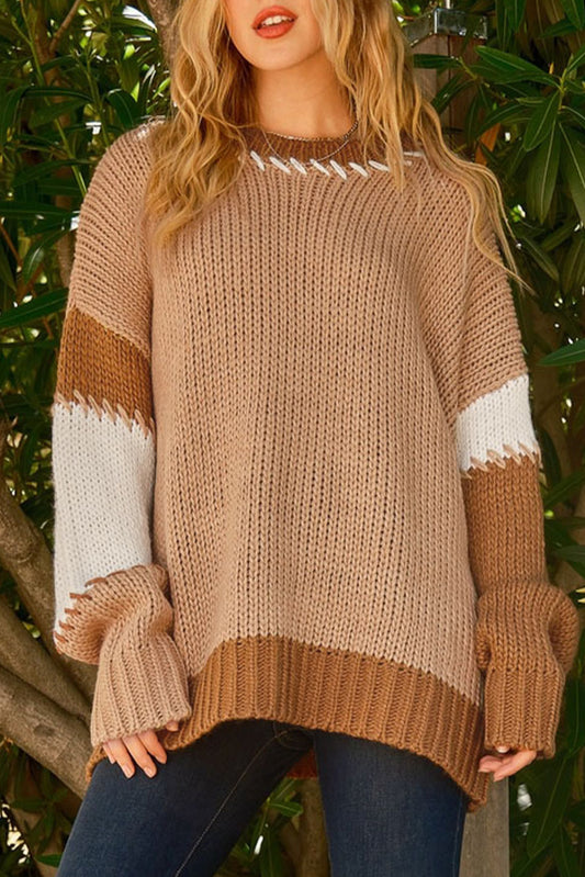 Leichter französischer Beige Farbblock Kontraststich übergroßer Pullover