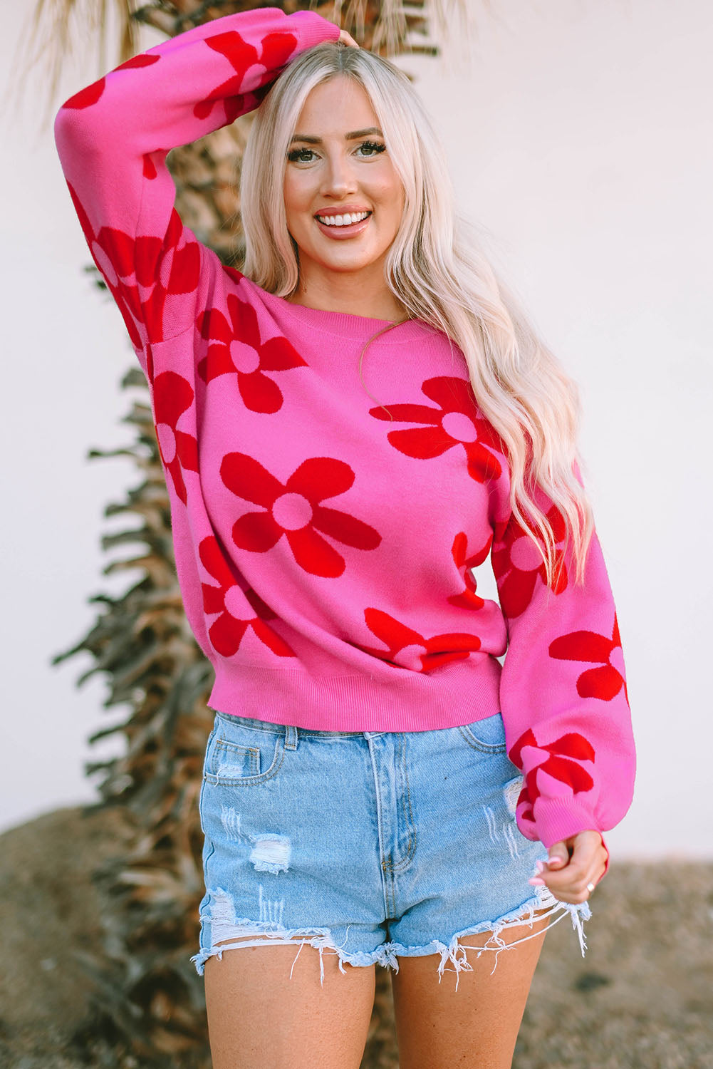 Rose Big Flower Ribbed Knit Sweater