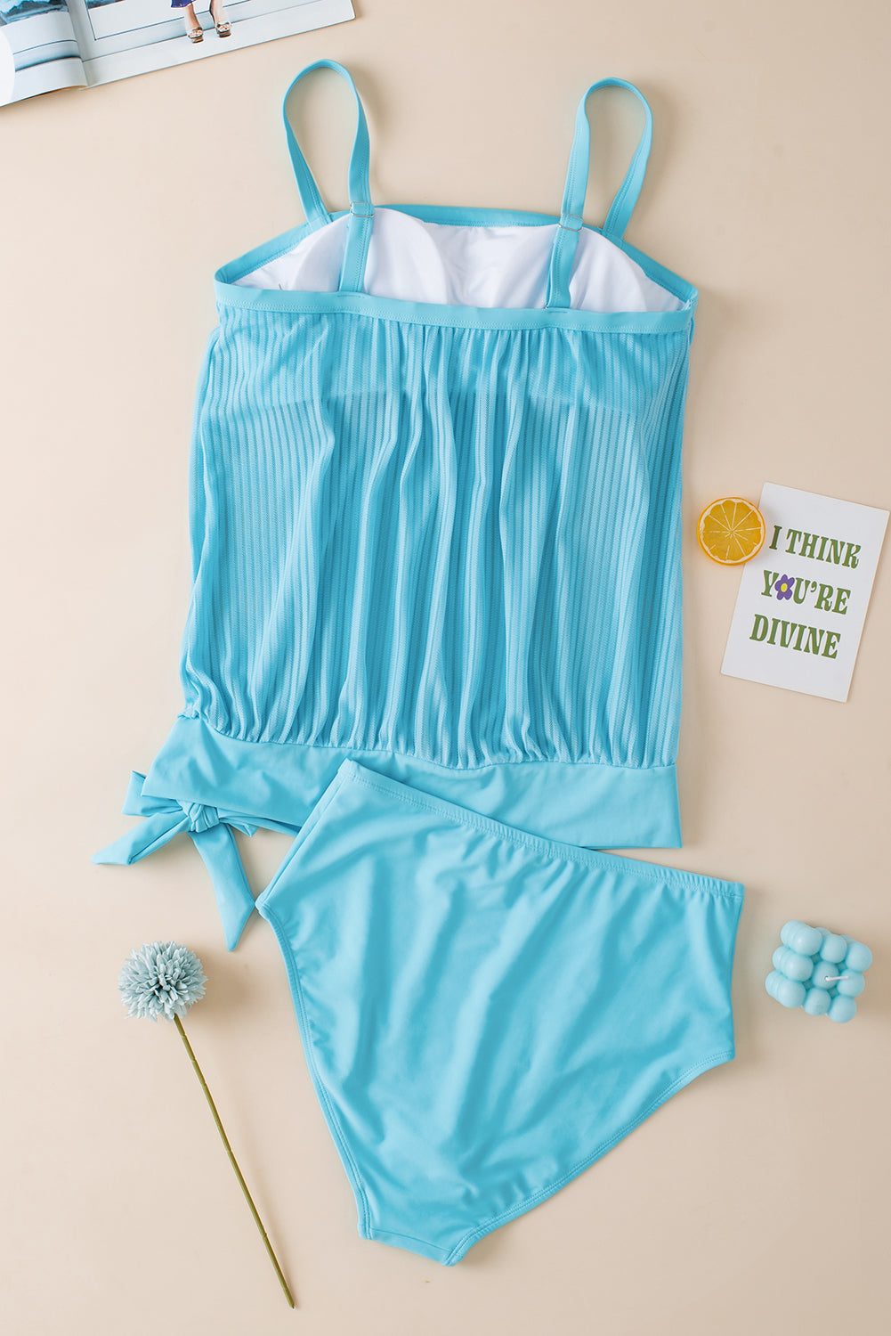 Maillot de bain tankini en maille rayée turquoise à ourlet noué