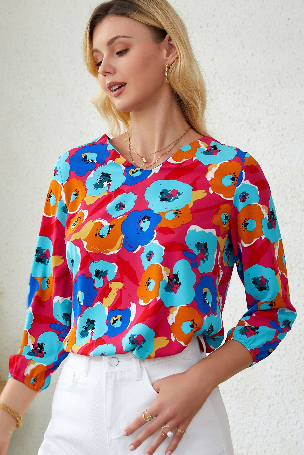 Rose Multicolor Floral Print V Neck 3/4 manga blusa