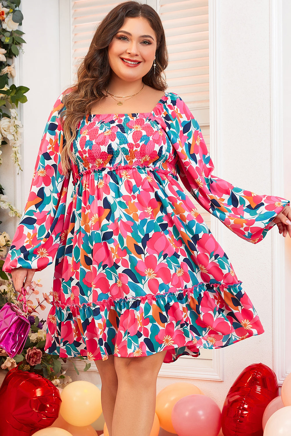 Robe Smockée à Col Carré et Imprimé Fleur Rose Grande Taille