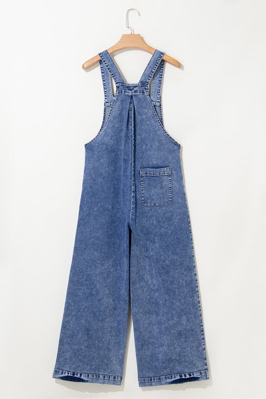 Light Blue Wide Leg Denim Overalls with Buttoned Straps