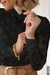 Black long sleeve floral lace mock neck top