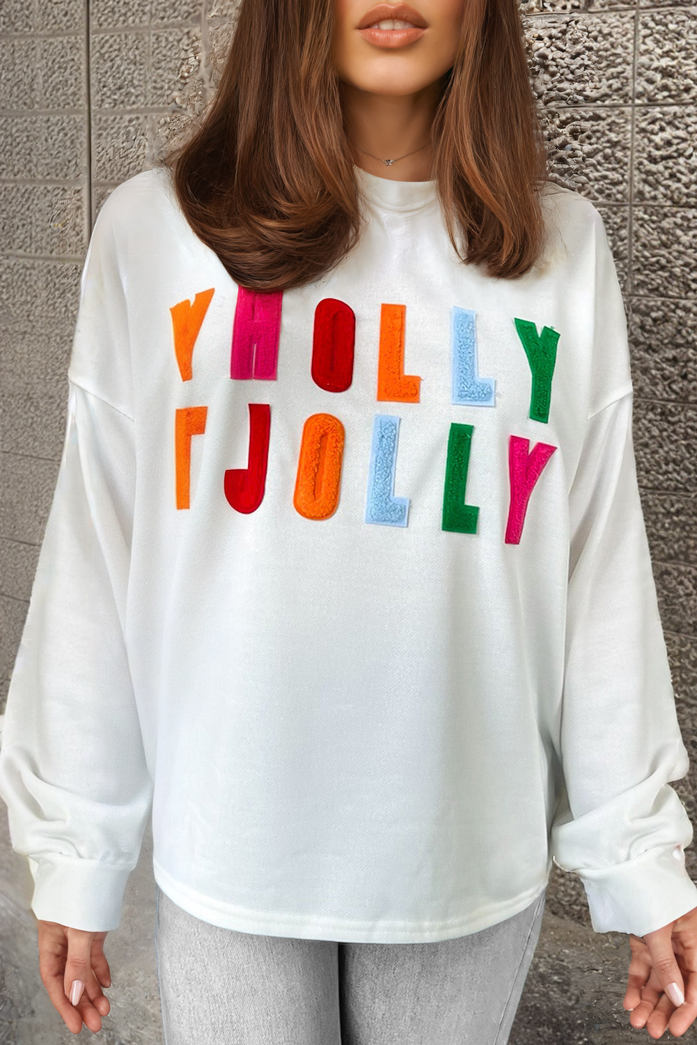 Sweat-shirt blanc brodé en chenille grande taille HOLLY JOLLY