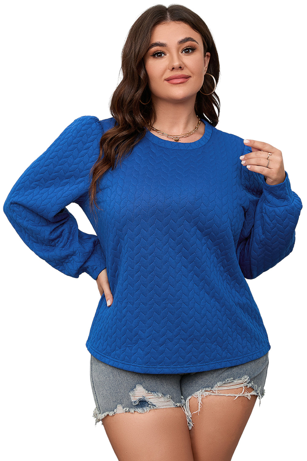 Dark blue twisted pattern puff sleeve top, plus size