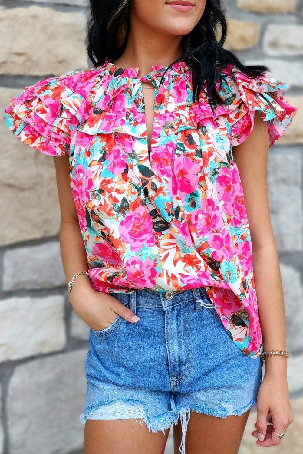 Rose Ruffle Flutter Sleve Floral Print Print