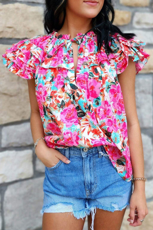 Rose Ruffle Flutter Sleve Floral Print Print