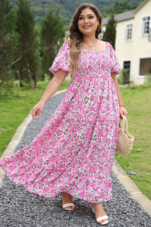 Pink Plus Size Blumendruck Smocked Puffärmel Kleid