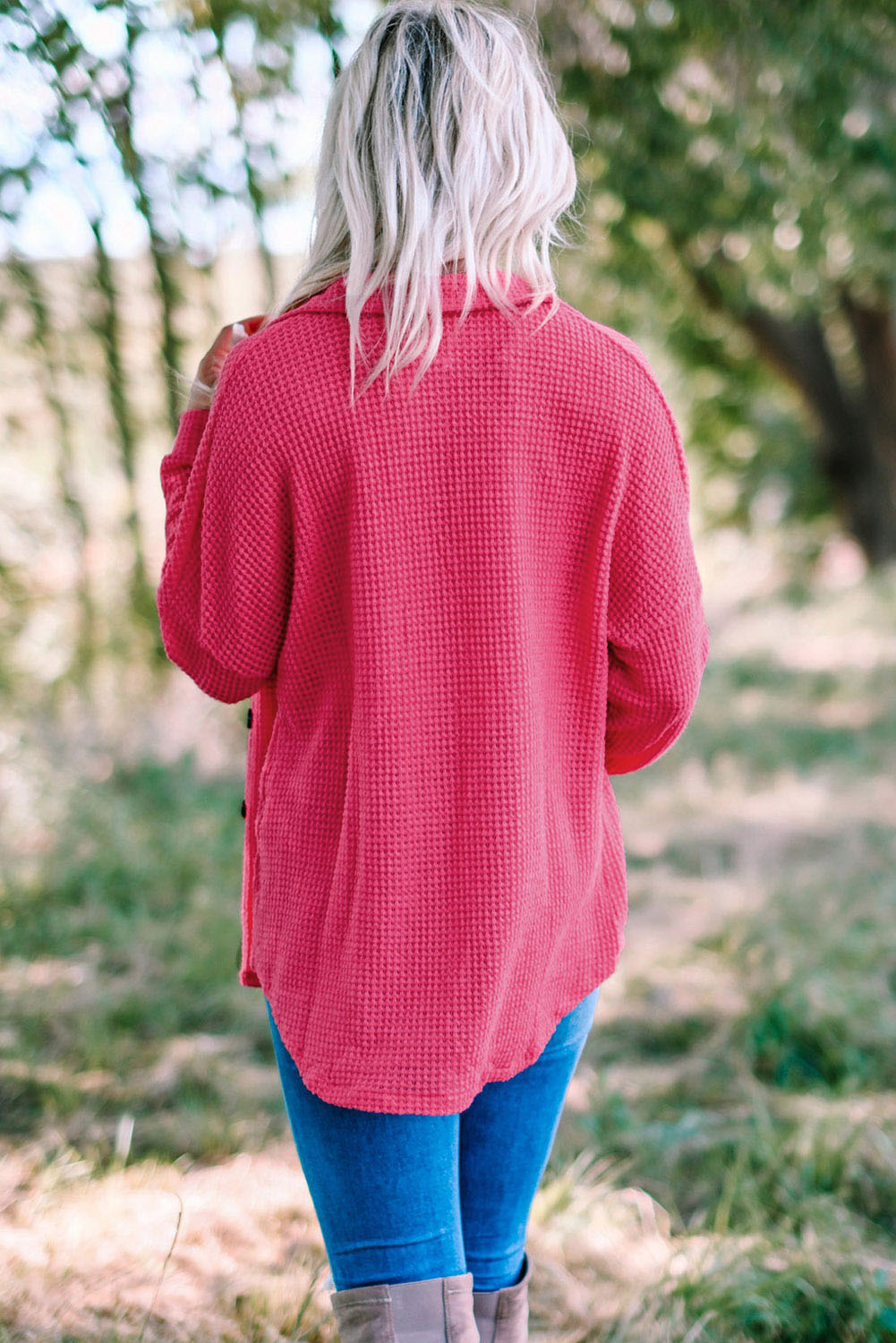 Chemise décontractée boutonnée en tricot gaufré rose