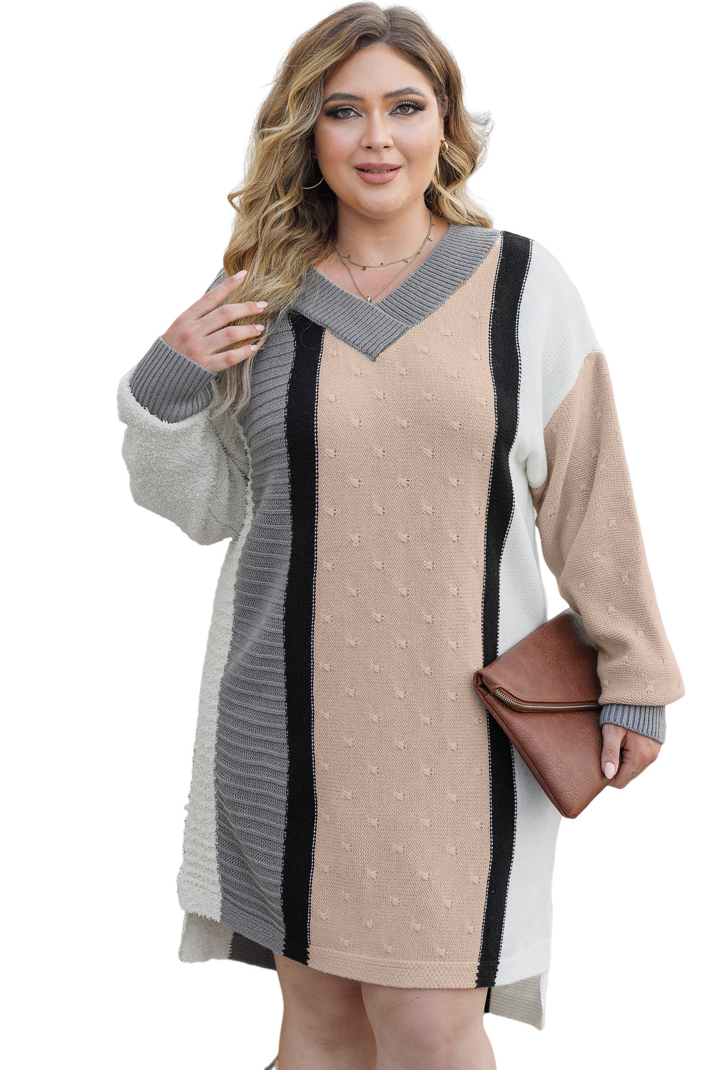 Robe Pull Abricot Boucl Mélangé Bloc de Couleurs Grande Taille