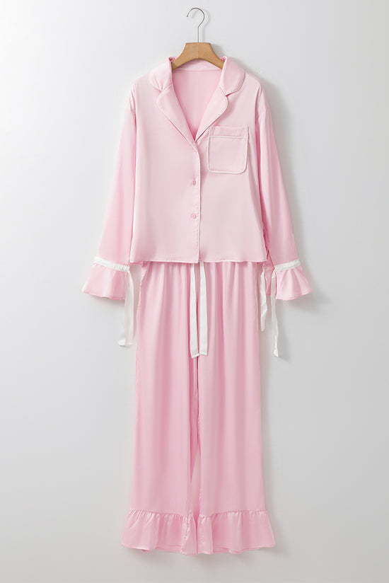 Ensemble chemise et pantalon à volants en satin rose clair