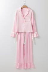 Ensemble chemise et pantalon à volants en satin rose clair-A WOMAN WE LOVE