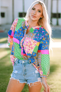 Multicolored floral print puffy sleeve shirt