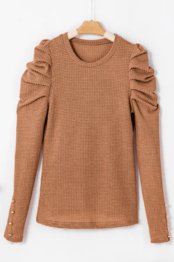 Textured buttoned Gigot sleeve top in solid chestnut