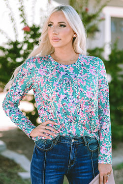 Ploted blouse with round -neck flowers and long green sleeves