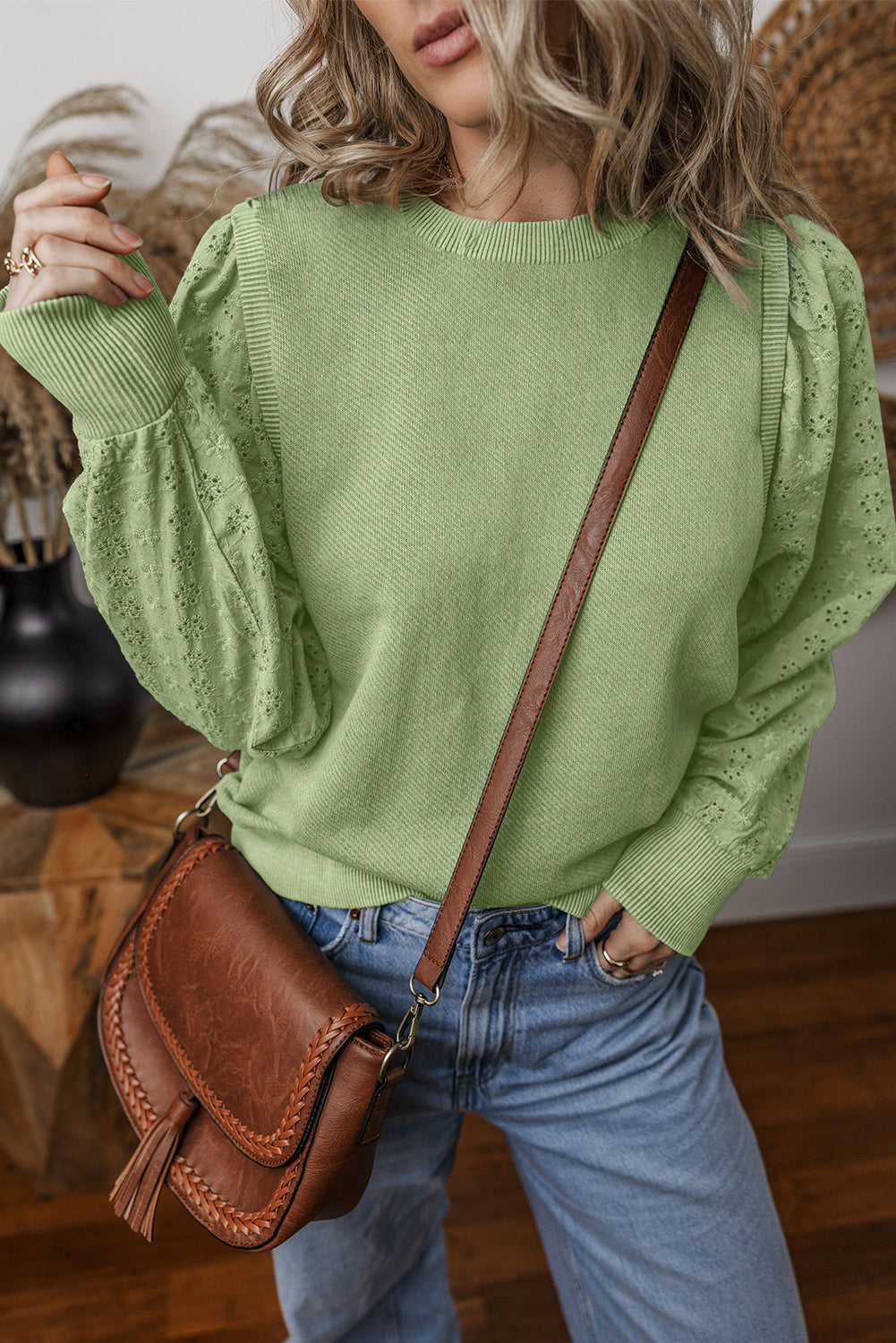 Plain Mist Green Patchwork Sleeve Crew Neck Sweatshirt
