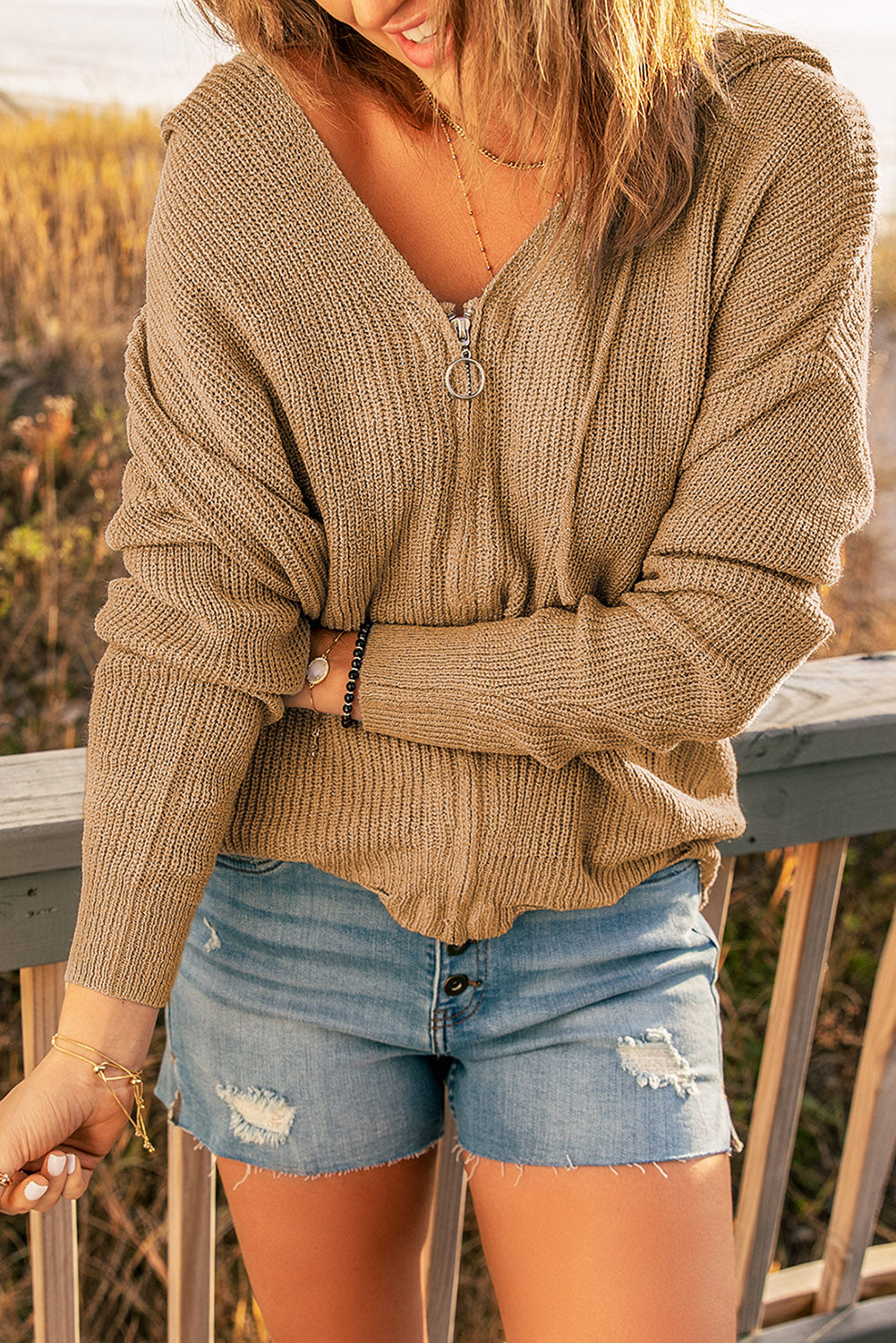 Khaki zipped V-neck sweater with hood and dropped sleeves