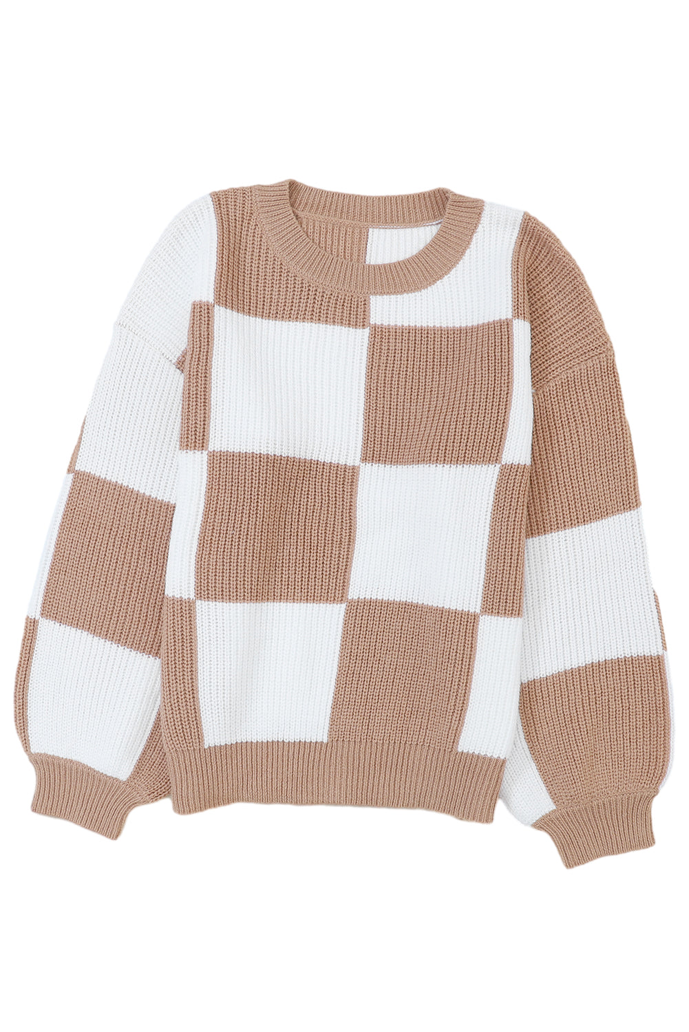 Checkered Ribbed Knit Puff Sleeve Sweater