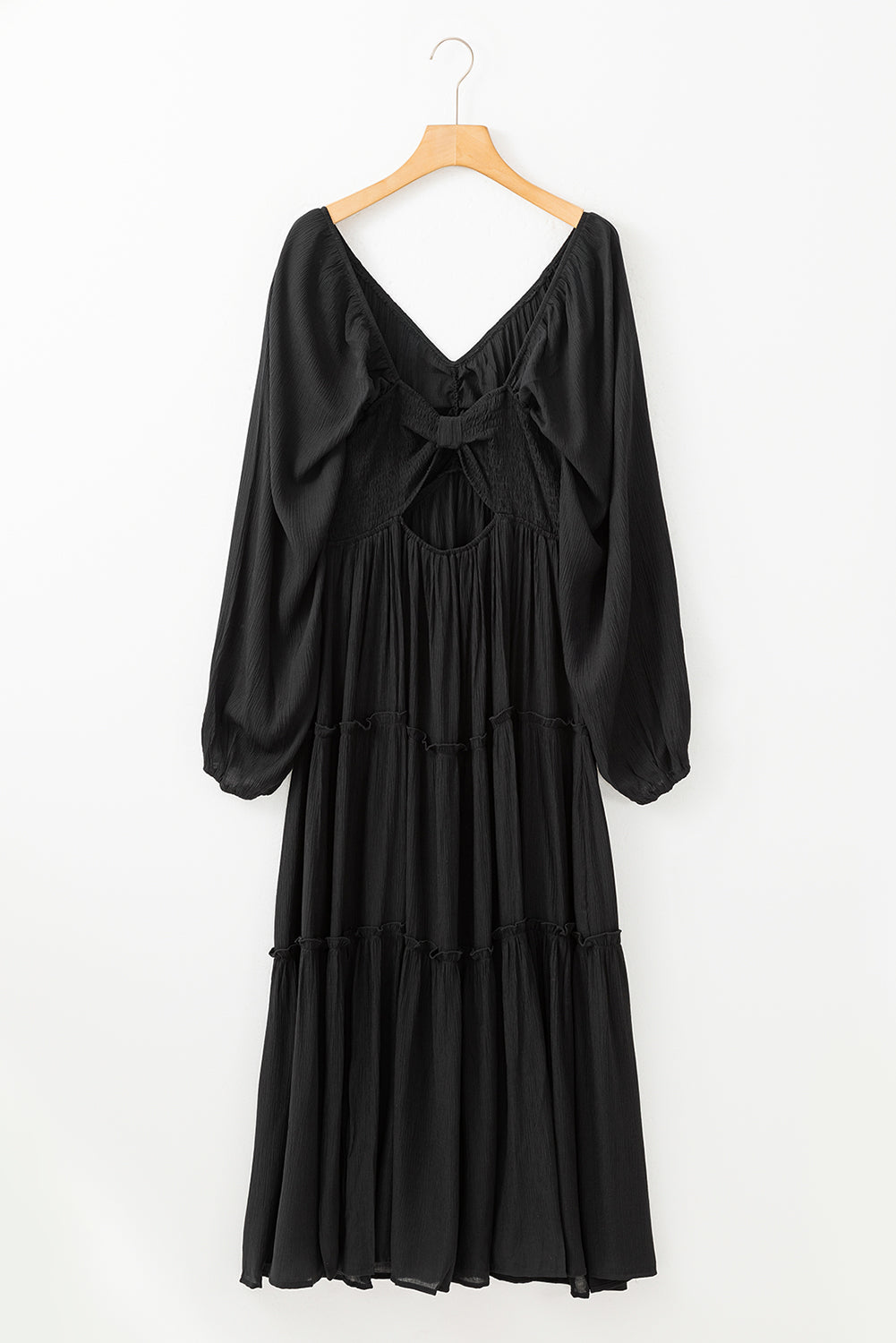 Black V Neck Bowknot Coupte Frill Tiered Maxi Robe