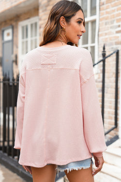 Ample blouse embossed with V -collar and long sleeves with Light pink falling shoulders