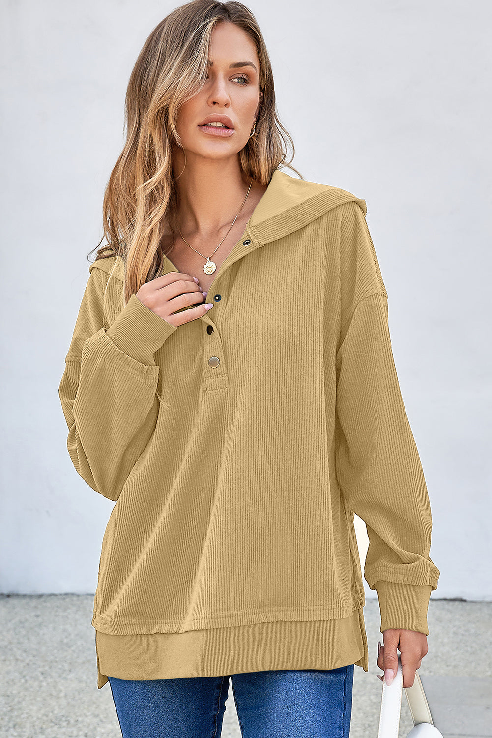 Einfach Taupe Massive gerippte Strick -Knopftropfen Schulter übergroße Hoodie