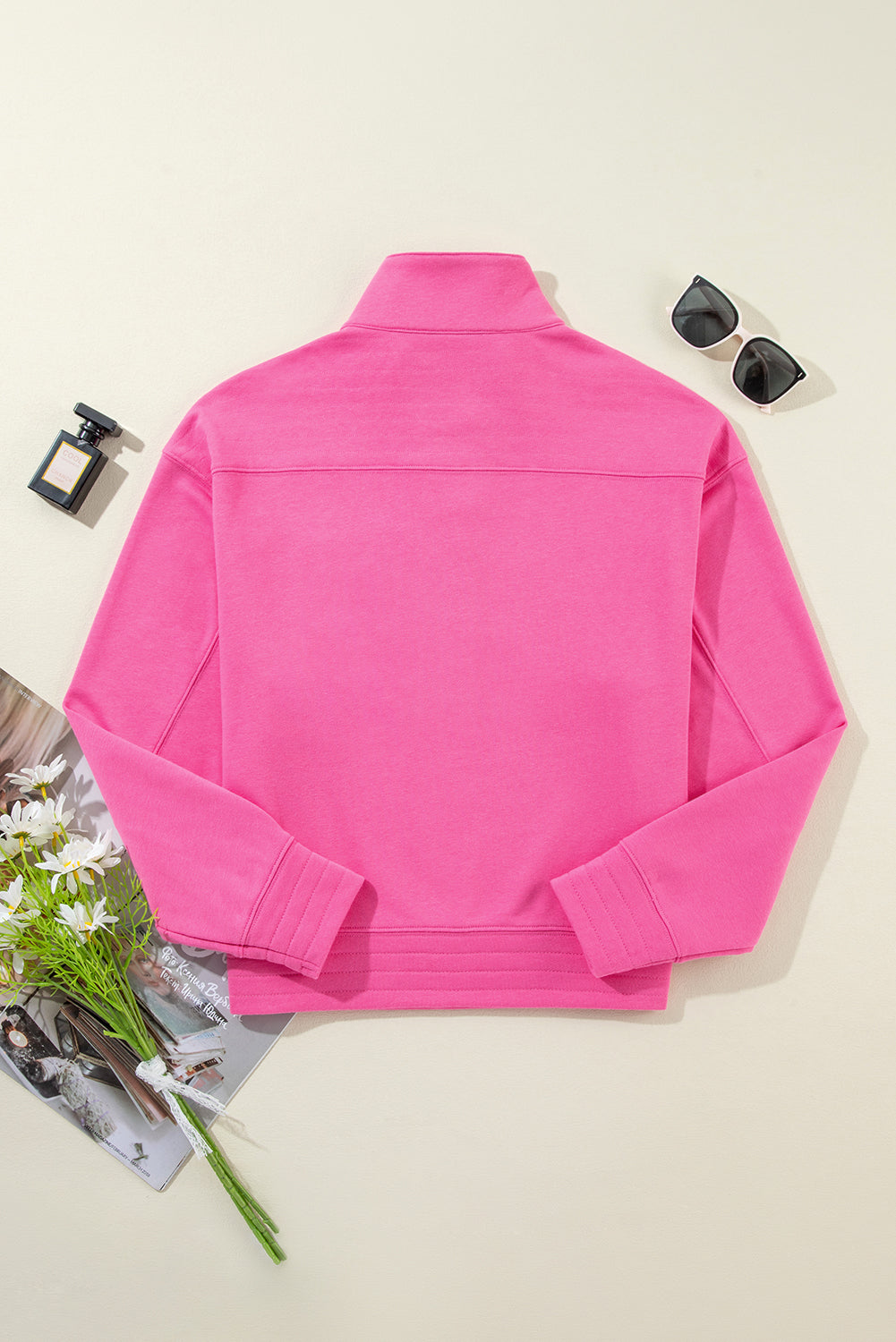 Leuchtend rosa Vintage Mineral Waschmittel Halbknopf Kragen Sweatshirt