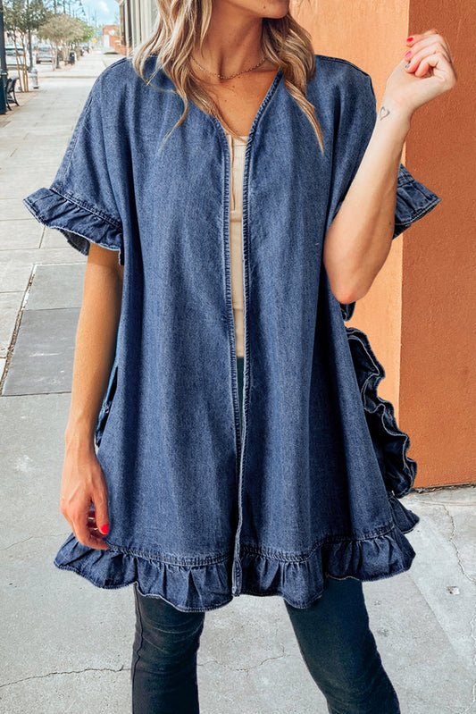 Kimono ample ouvert en chambray bleu crépuscule avec ourlet à volants et demi-manches