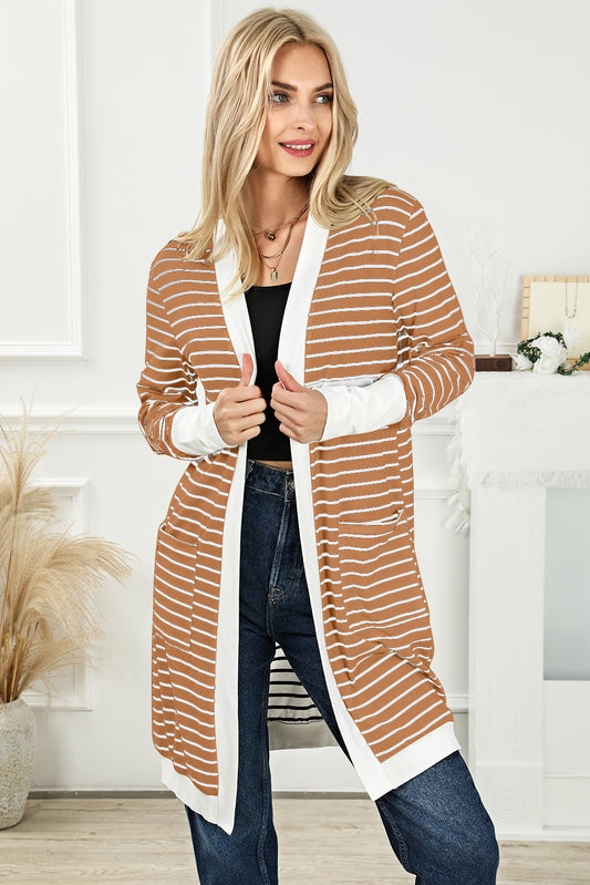 Brown striped cardigan with side pockets and open front