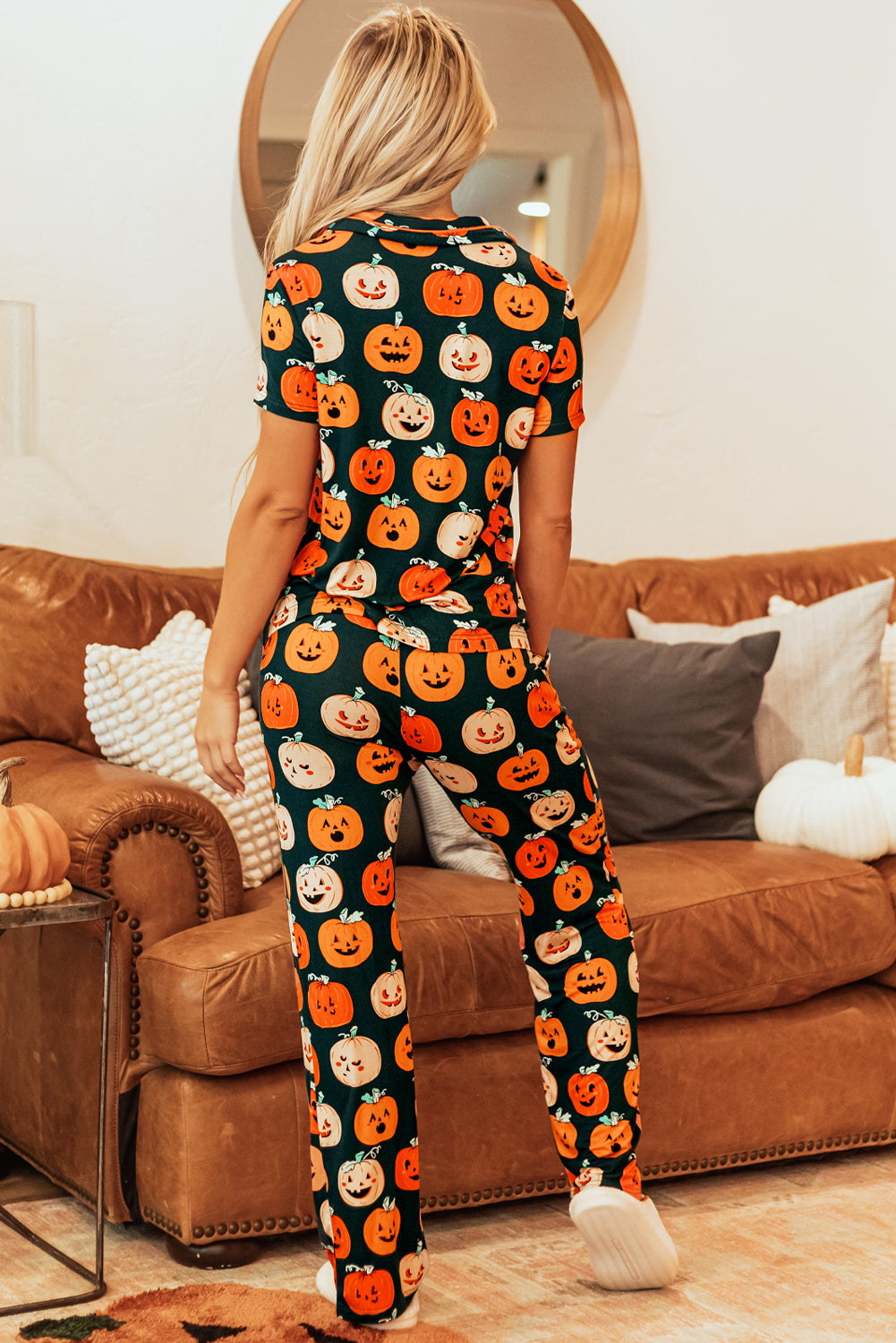 Ensemble pyjama chemise à manches courtes à motif d'Halloween orange-A WOMAN WE LOVE