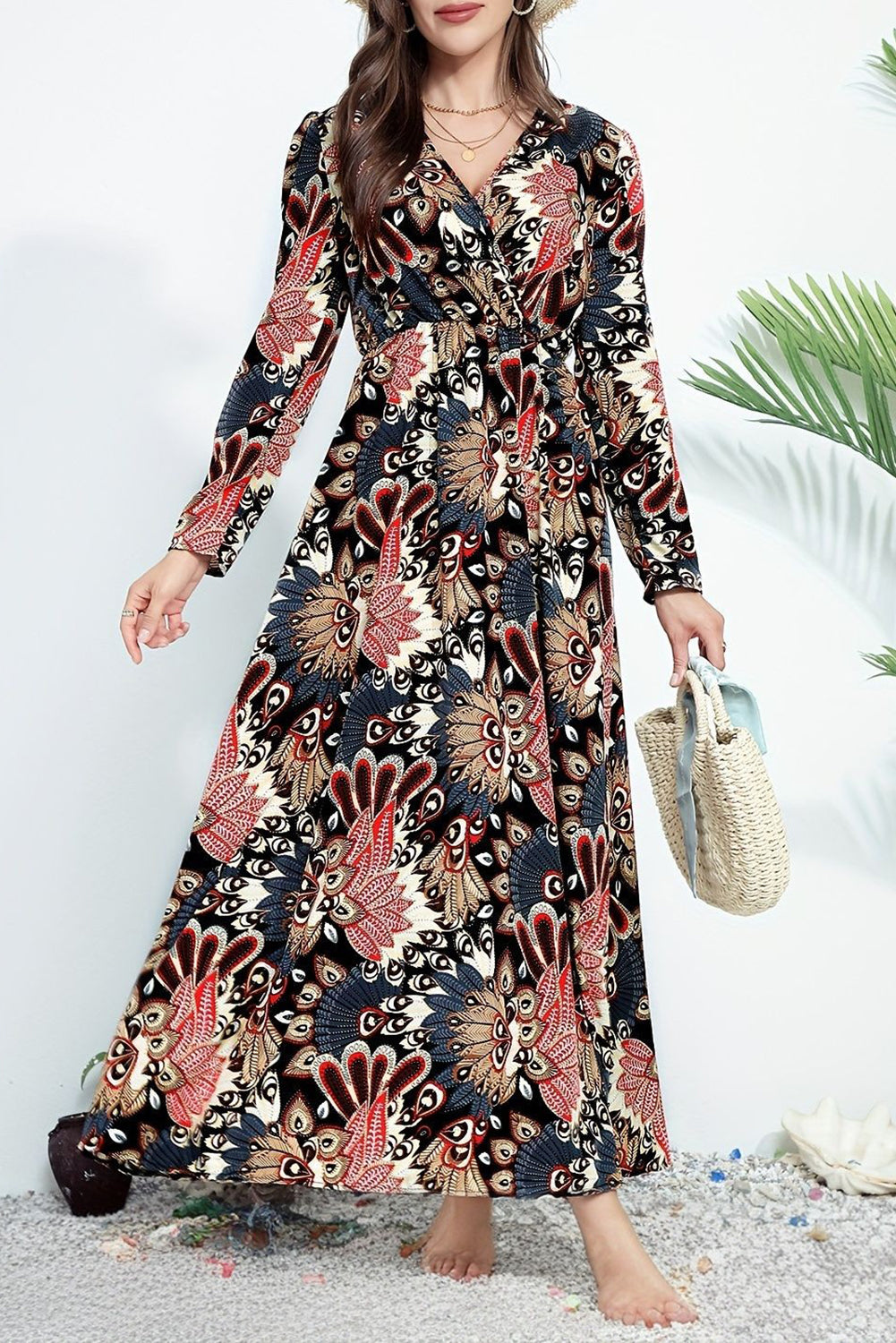 Black floral print v-neck high waist maxi dress