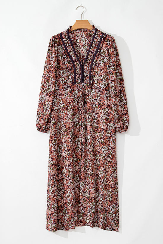 Robe midi à imprimé floral fendue sur le devant et à volants et col en V marron