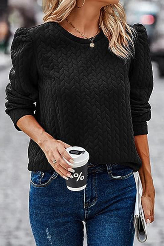 Black Textured Puff Sleeve Twist Sweatshirt