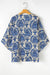 Plus Size Ethnic Print Loose Blouse with 3/4 Sleeves and V-Neck in Blue