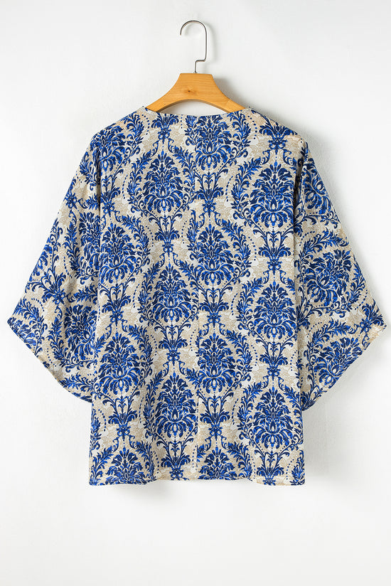 Plus Size Ethnic Print Loose Blouse with 3/4 Sleeves and V-Neck in Blue