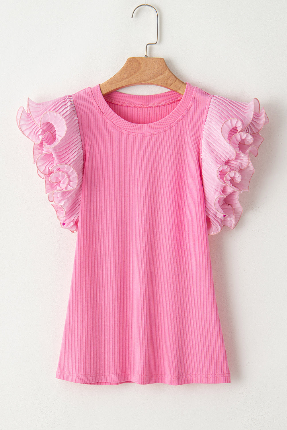 T-shirt coupe slim en tricot côtelé à manches en maille plissée à volants rose fraise