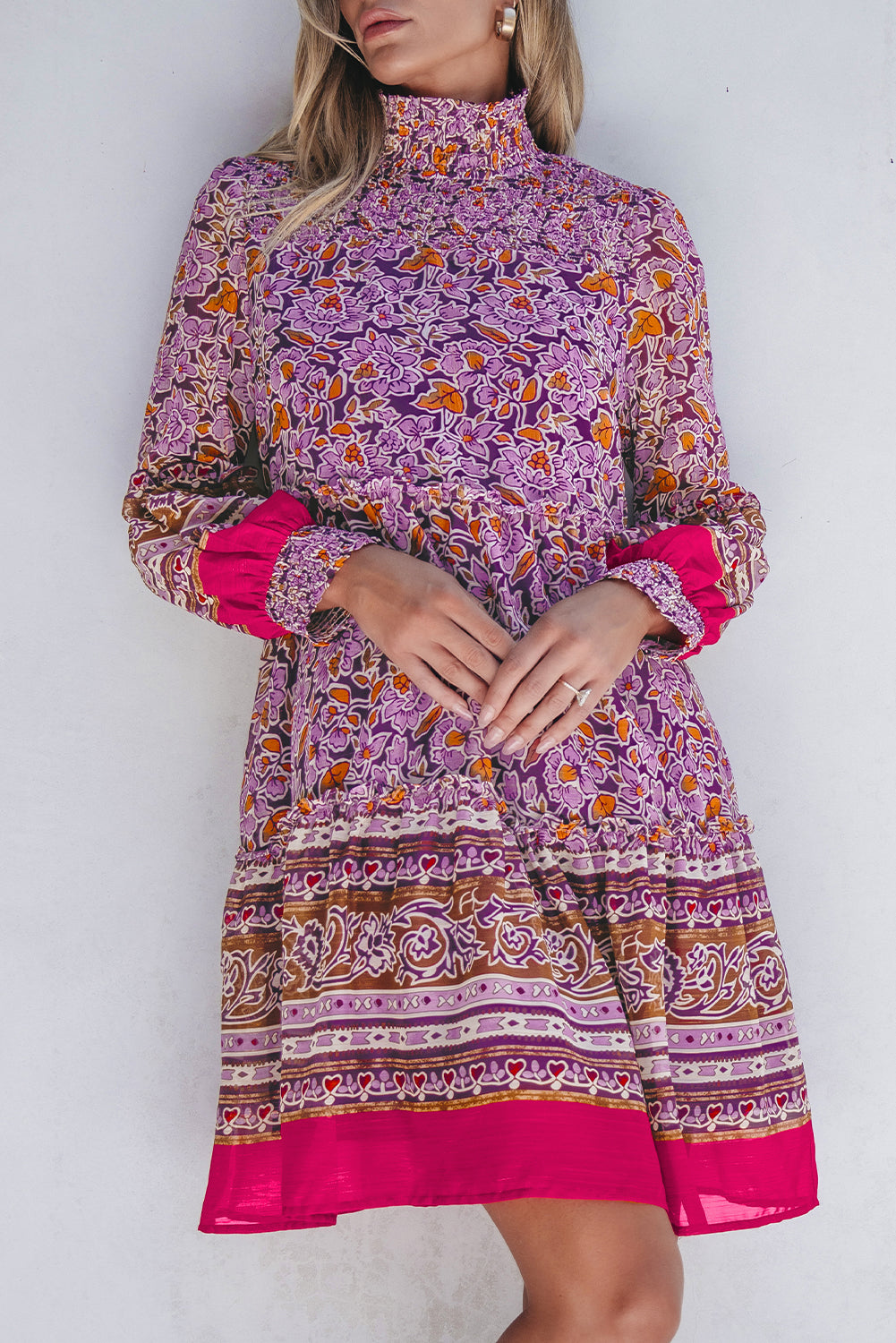 Purple High Neck Puff Sleeve Smocked Floral Mini Dress