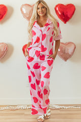 Ensemble pyjama pantalon à manches courtes rose coeur classique Saint-Valentin-A WOMAN WE LOVE