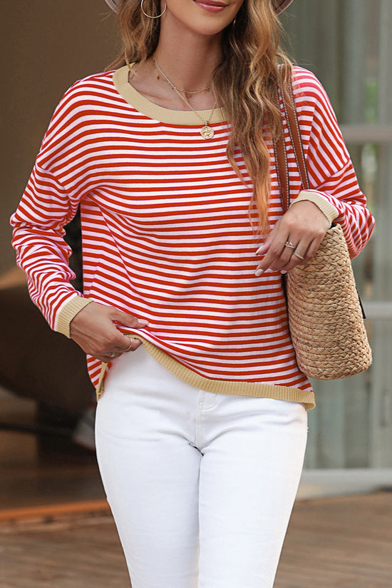 Striped drop shoulder sweater with bright red contrast trim