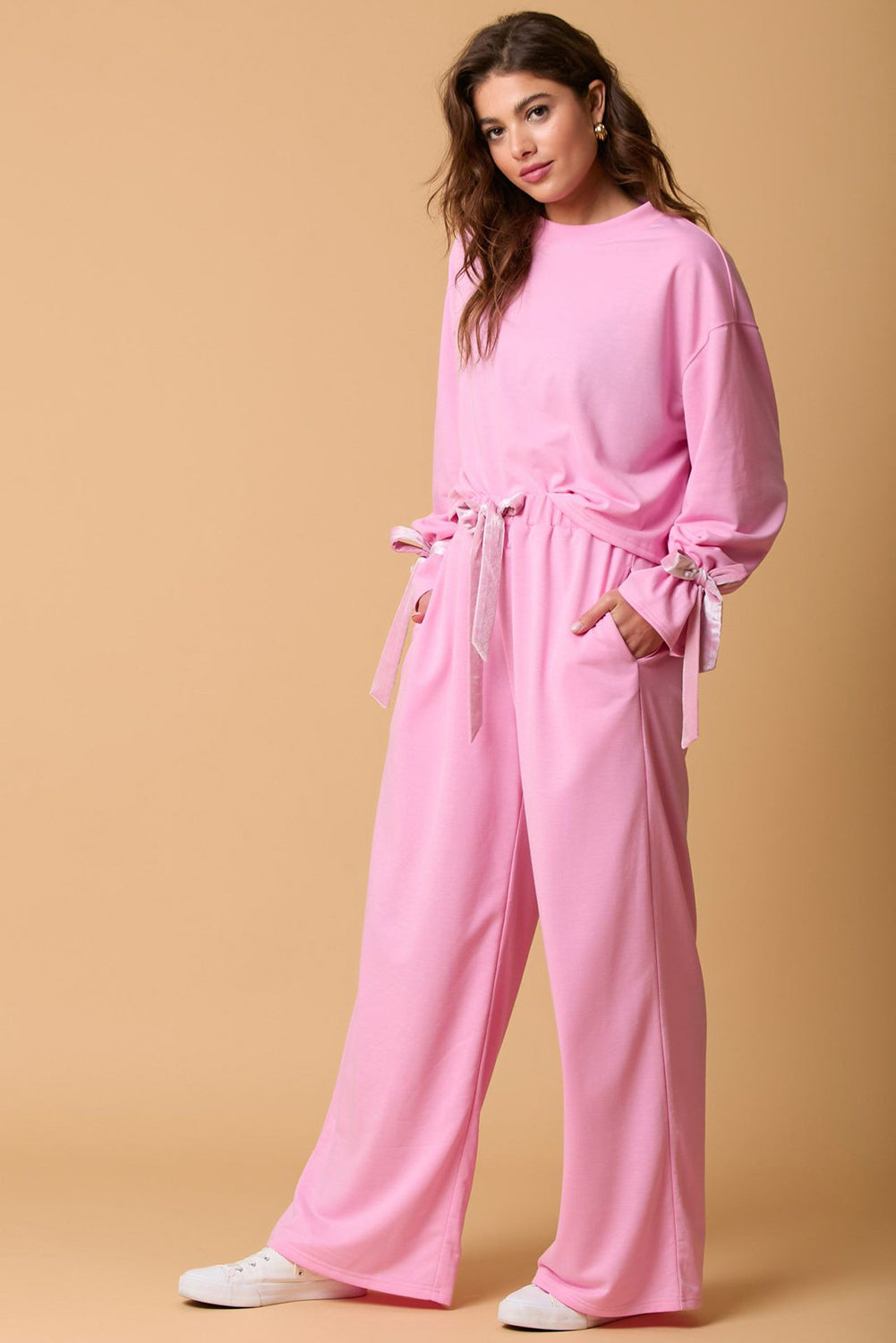 Candy Solid Color Drawstring Long Sleeve Top and Pants Set