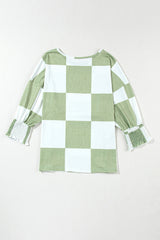 Blouse vert herbe mélangée à carreaux et poignets froncés-A WOMAN WE LOVE