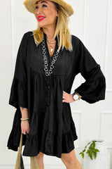 Black mini-Robe in ruffled chambray and 3/4 sleeves on several levels and split v-neck