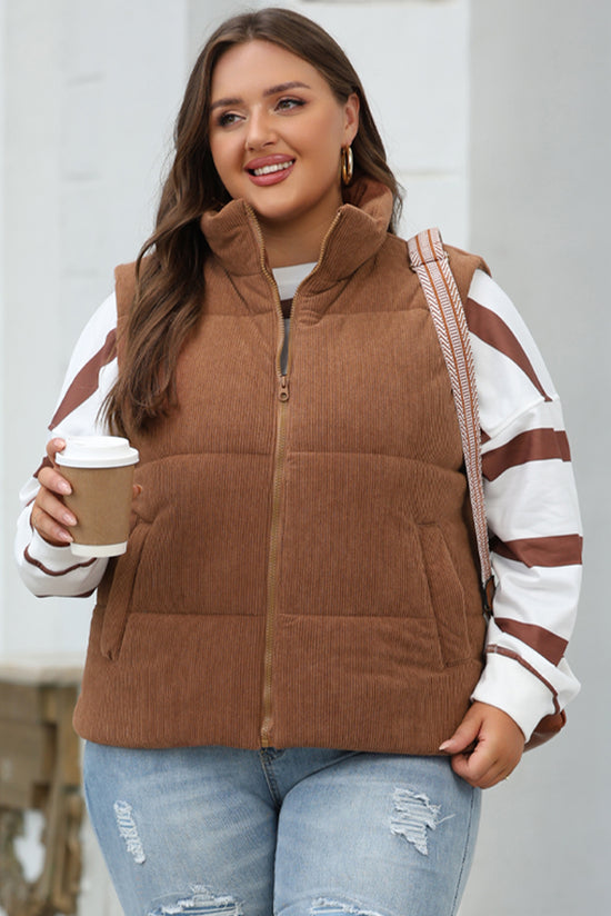 Coffee corduroy zipped stand-up collar down vest